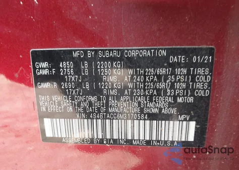 2021 Subaru Outback Premium from USA, damaged, VIN 4S4BTACC6M3170584